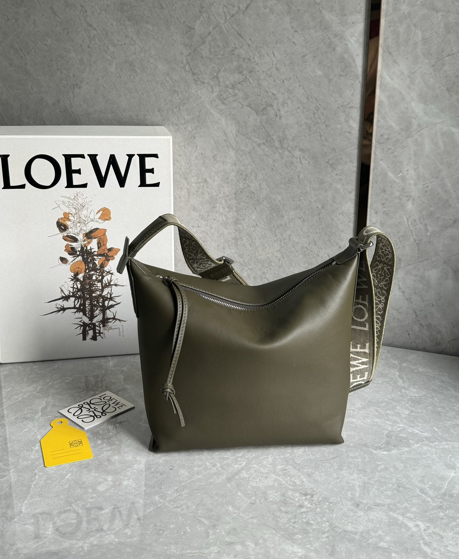 Loewe Small Cubi Crossbody Bag in Supple Smooth Calfskin and Jacquard Olive